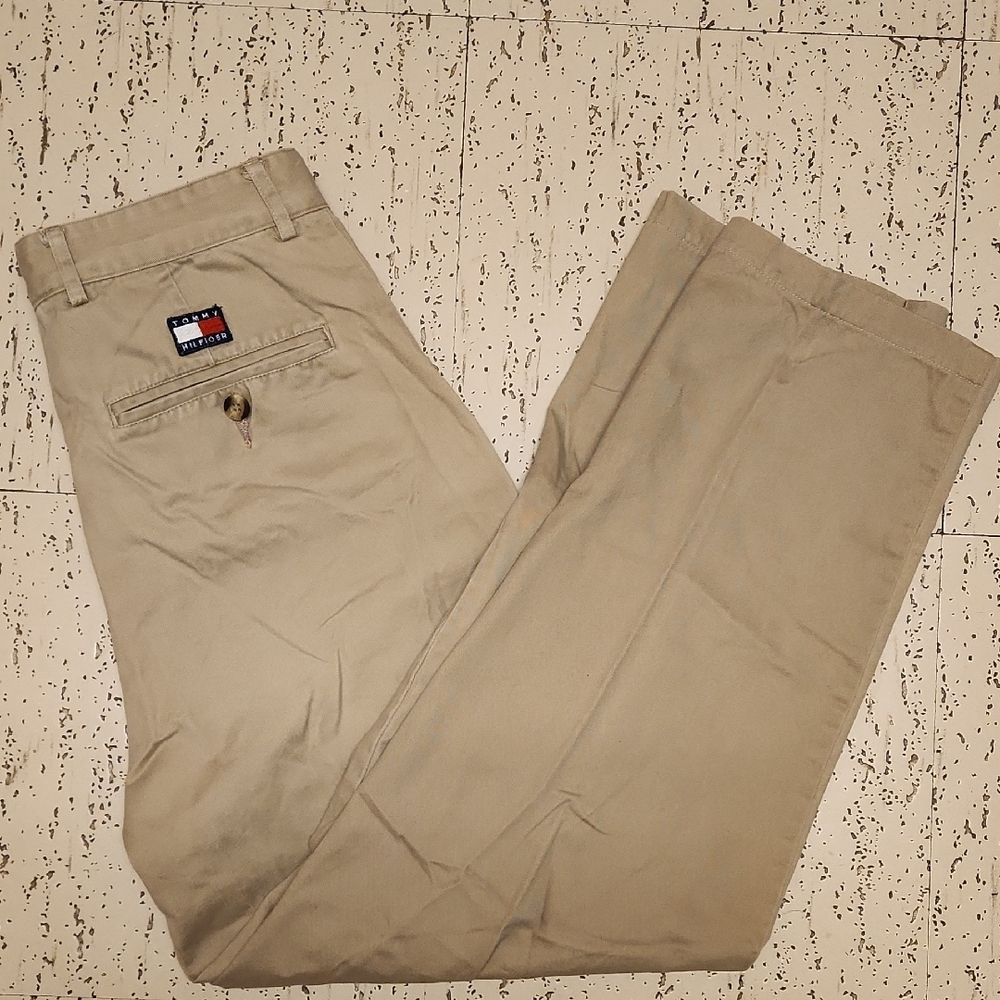 Tommy Hilfiger Tan Beige Embroidered Logo Straight Leg Dress Pants Vintage 90s